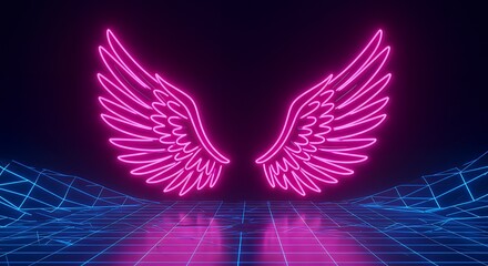 Fototapeta premium vibrant neon angel wings on uv geometric background - cyberspace futuristic concept in pink and blue lights.