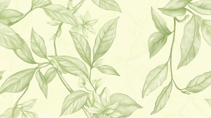 A seamless pattern featuring hand-drawn botanical elements like leaves, flowers, and vines on a pale green background. The design is elegant and organic, perfect for nature-themed projects and decor.