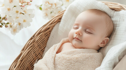 A baby swaddled in a pastel-colored blanket inside a wicker basket, surrounded by blooming spring flowers and a light, airy background that radiates freshness and warmth.