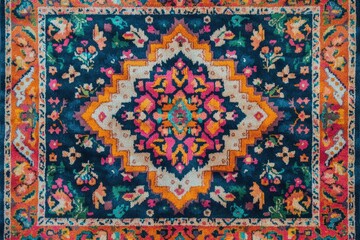 Fototapeta premium Close-up view of a vibrant persian rug, showcasing intricate floral patterns and geometric designs in a rich palette of colors, perfect for adding an exotic touch to interior design