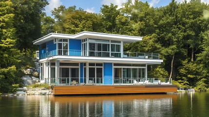 Modern lake house with blue and white exterior, large deck with glass railing overlooking a tree-lined body of water on a sunny day
