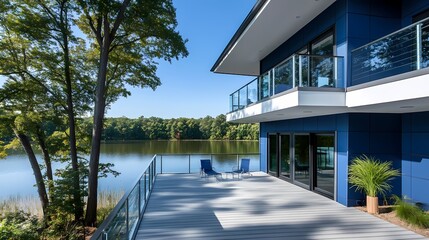 Modern lake house with blue and white exterior, large deck with glass railing overlooking a tree-lined body of water on a sunny day