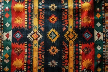 Close-up view of a vibrant handmade kilim carpet, showcasing intricate geometric patterns and rich colors, representing turkish craftsmanship