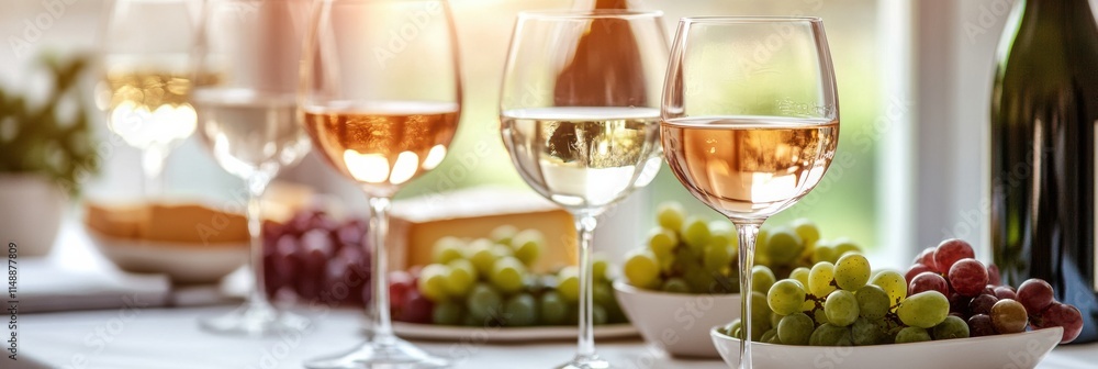 Poster elegant table setting with wine and cheese at a gathering celebrating fine flavors and good company.