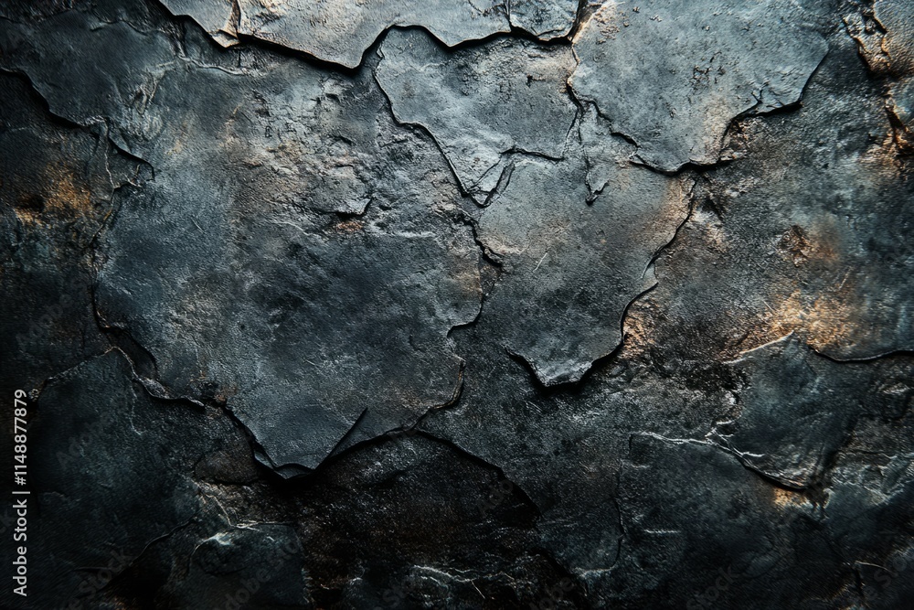 Poster dark grey stone wall with cracks creating a dramatic and textured background, ideal for design proje
