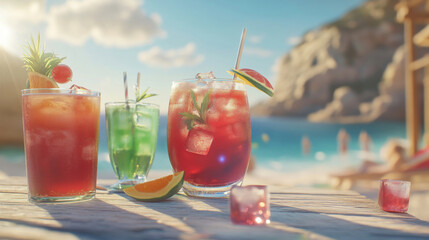 Refreshing cocktails on beachside table, featuring vibrant colors and garnishes. Enjoy summer vibes