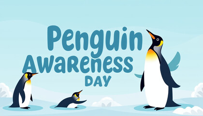 Fototapeta premium A charming banner for Penguin Awareness Day showcasing animated penguins, designed to inform and engage the public on wildlife conservation.