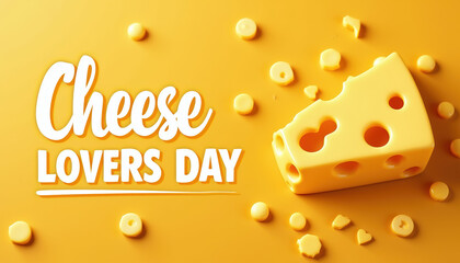 A vibrant banner celebrating Cheese Lovers Day with playful typography and delightful cheese blocks scattered across a yellow background.