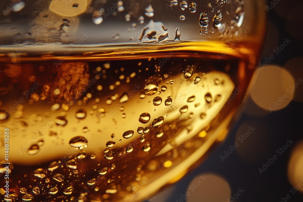 Poster close up view of a glass filled with amber liquid reflecting soft lights in the background. generati
