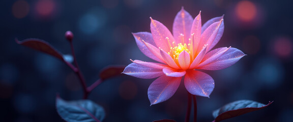 A dark and glowing fantasy flower illustrated as a glowing enthezi flower, bringing a serene charm with vibrant details and ethereal lighting.