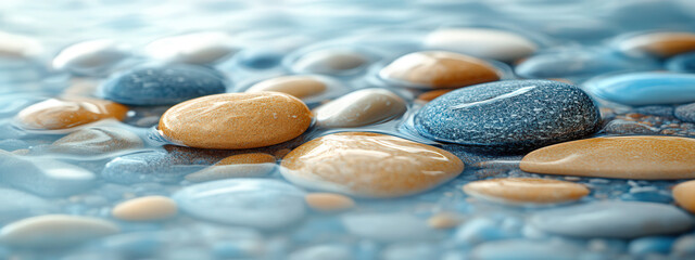 Smooth pebbles on a wet beach, natural texture with shiny surfaces
