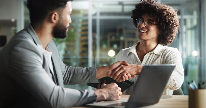 People, smile and handshake in office for business, company welcome and agreement with technology. Happy man, intern and shaking hands in agency for deal, thank you and new recruitment in meeting