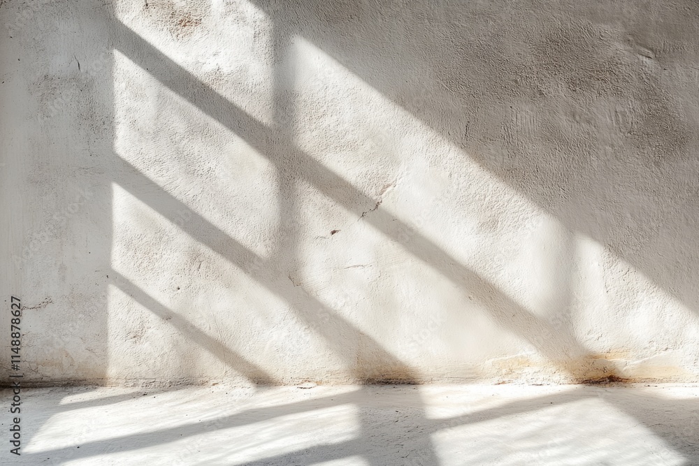 Aufkleber sunlight streaming through window creating shadows on textured white wall