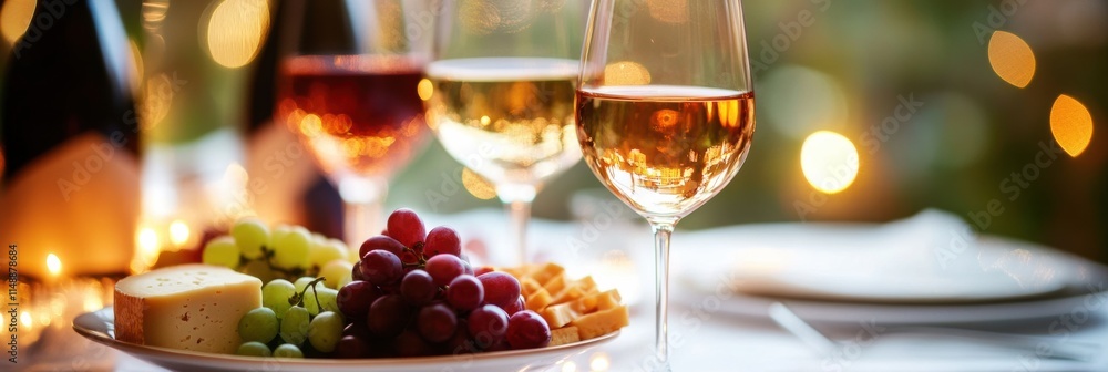 Poster elegant wine and cheese gathering on a white tablecloth with fruit in a warm setting during the even