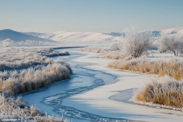 Obraz premium A peaceful winter morning with a frozen river meandering through a frosty landscape, captured in stunning detail.