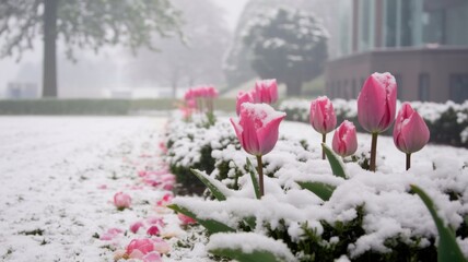 Snow-covered pink tulips. The tulips are in full bloom with bright pink petals and the ground around is covered with snow. A serene landscape with trees and a building is depicted in the background.