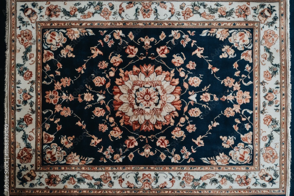 Poster close-up view of a beautiful persian carpet showcasing an elaborate floral pattern, perfect for addi