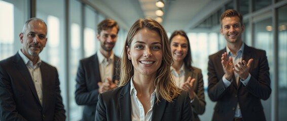 Your moment to stand out. Image of a successful businesswoman receiving applause from her colleagues in the office. At last