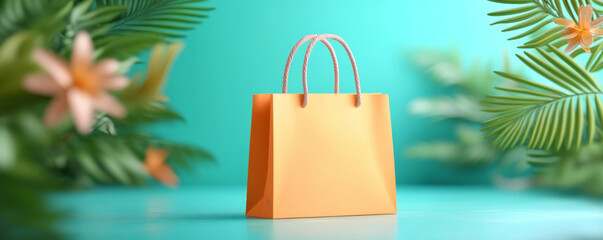 vibrant orange shopping bag surrounded by tropical leaves and flowers, evoking cheerful shopping experience