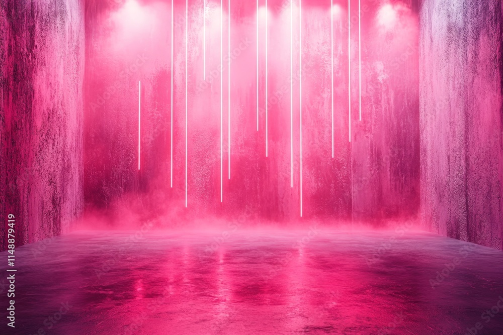 Poster pink light beams shining down on empty room with textured concrete floor and floating dust particles