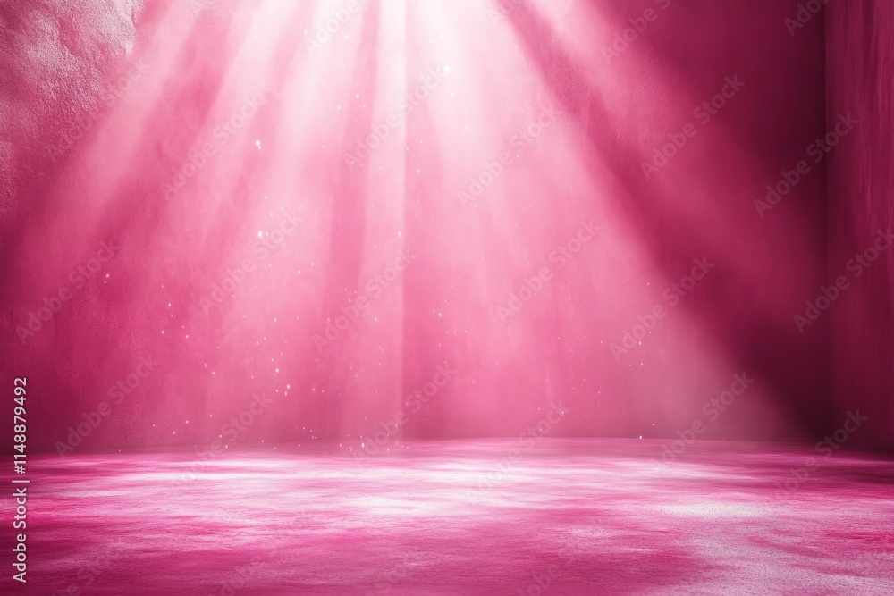 Poster pink light beams shining down on empty room with textured concrete floor and floating dust particles