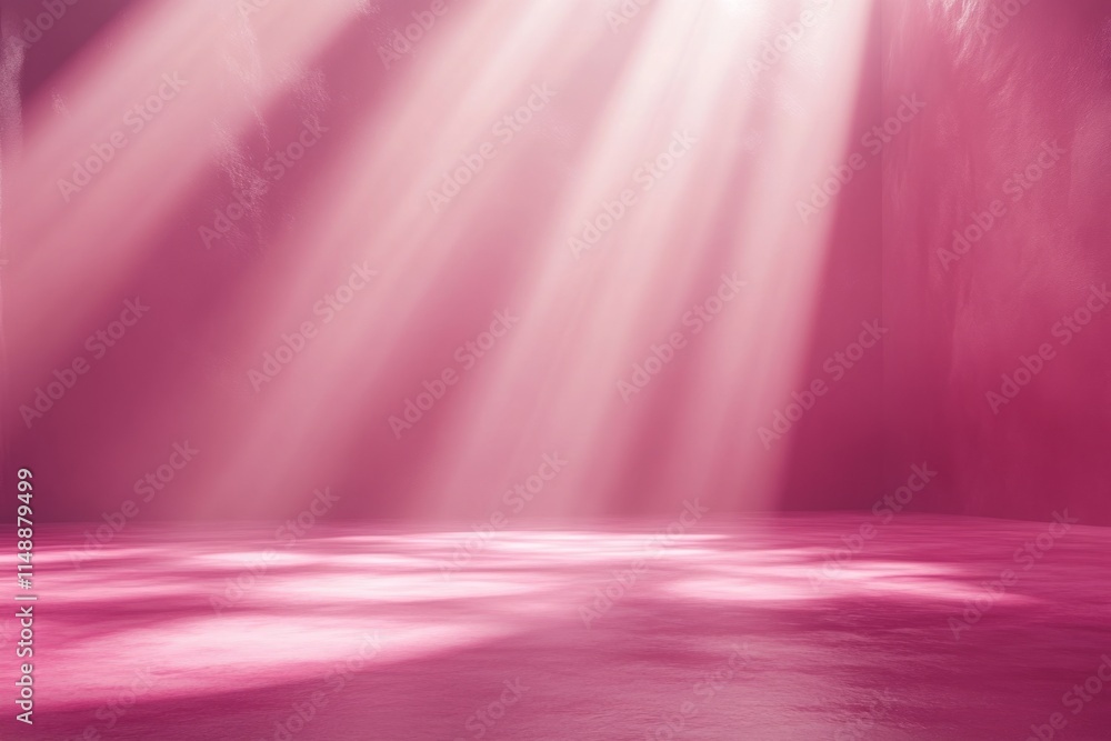 Poster light beams shining through window and illuminating pink empty room floor