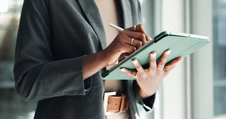 Tablet, writing and hands with business woman in office for creative director, branding designer and search. Communication, email and digital with employee in startup agency for website and app