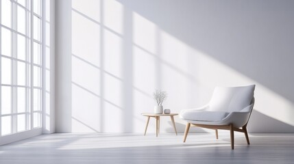 Modern minimalist living space with sleek, sparse decor. Featuring soft, neutral tones