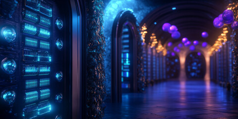 Obraz premium high tech data center corridor with glowing servers and vibrant lights