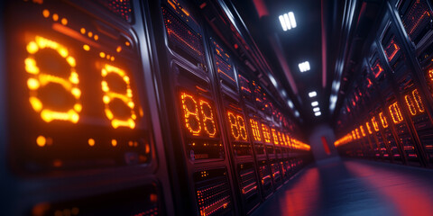 Obraz premium High tech data center with glowing orange displays and sleek design
