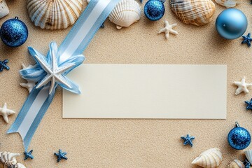 Photo of a blue and white star-shaped ribbon with seashells, stars