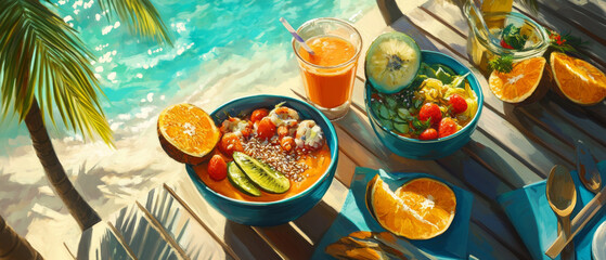 Delicious tropical fruit bowls and refreshing drinks by beach