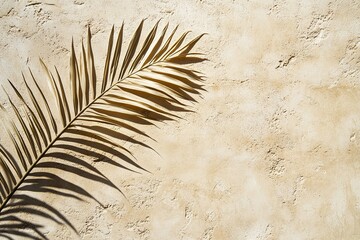 Photo of a beige wall with a palm leaf shadow on it, close up