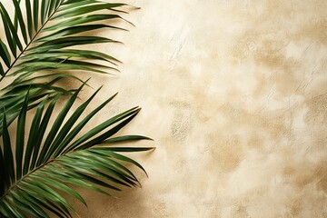 Photo of a beige wall with a palm leaf shadow on it, close up