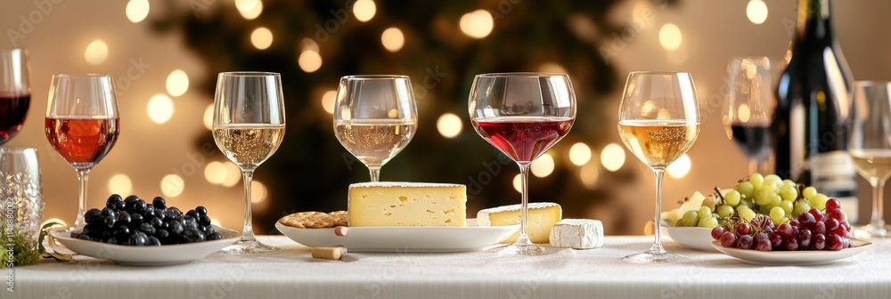 Poster Elegant table setting with wine glasses and cheese platter for festive gathering. Generative AI