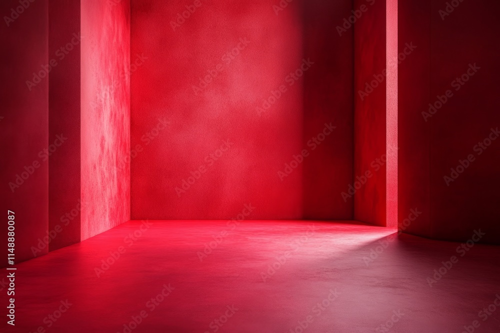 Poster minimalist empty red room with concrete walls and floor, illuminated by a subtle ray of light, creat