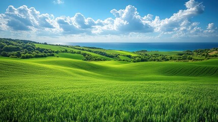 Fototapeta premium Lush green rolling hills meet tranquil blue sea under a sunny sky.