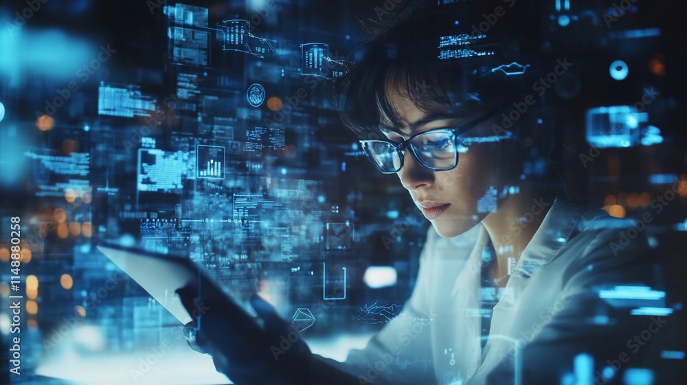 Poster a focused individual analyzes data displayed on a digital interface.