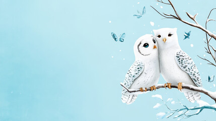 Obraz premium Watercolor Owls True Love Winter Scene - Two snowy owls perched on a winter branch, symbolizing love, winter, peace, serenity, and togetherness.