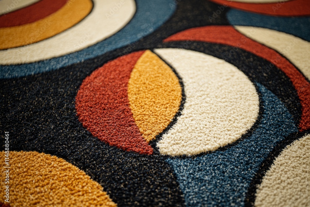 Poster close-up of a colorful carpet featuring overlapping circles in various hues, creating a modern and v