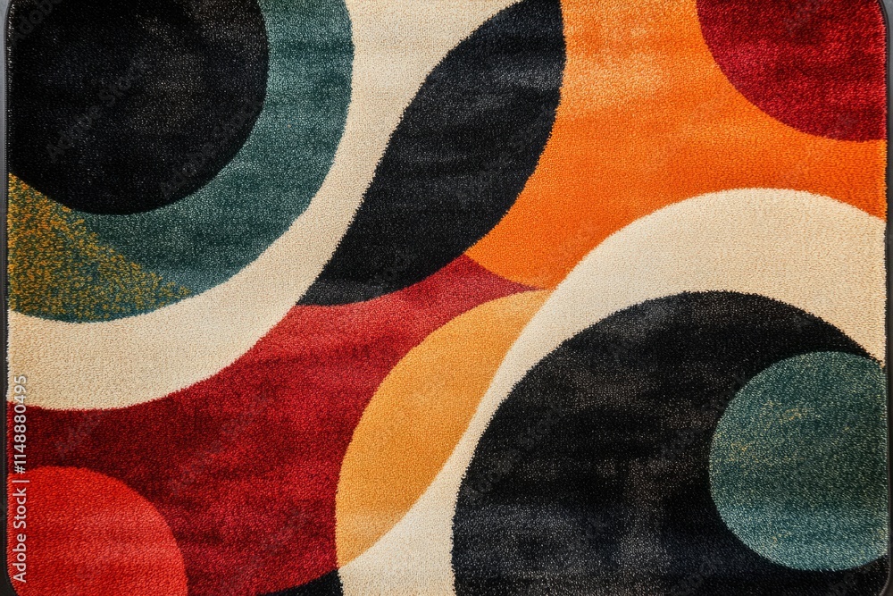 Poster close-up of a colorful carpet featuring overlapping circles in various hues, creating a modern and v