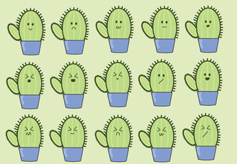 different cactus in different situations vector illustration. Cute cactus cartoon character. Sticker Bookmark. Hand style. Funny plants with different emotions. Vector drawing. Collection of design 