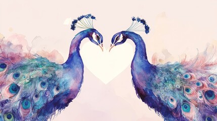 Watercolor Peacocks Heart Shape Light Lavender - Two peacocks form a heart, symbolizing love, unity, beauty, peace, and elegance.  Watercolor art.