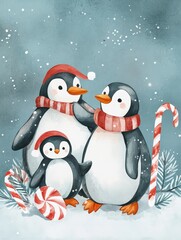 Fototapeta premium Watercolor Penguin Family Christmas Card - A charming watercolor painting of a penguin family, wearing festive hats and scarves, enjoying candy canes in a snowy winter scene. Symbolizing family, winte