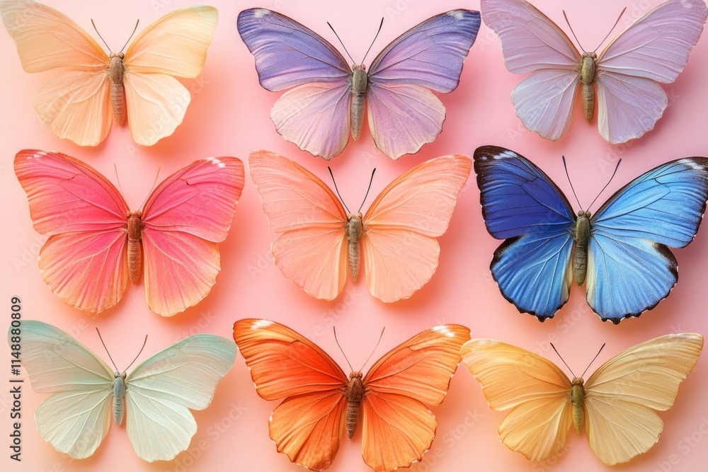 Poster beautiful colorful butterflies arranged neatly on a pink background, creating a vibrant and captivat