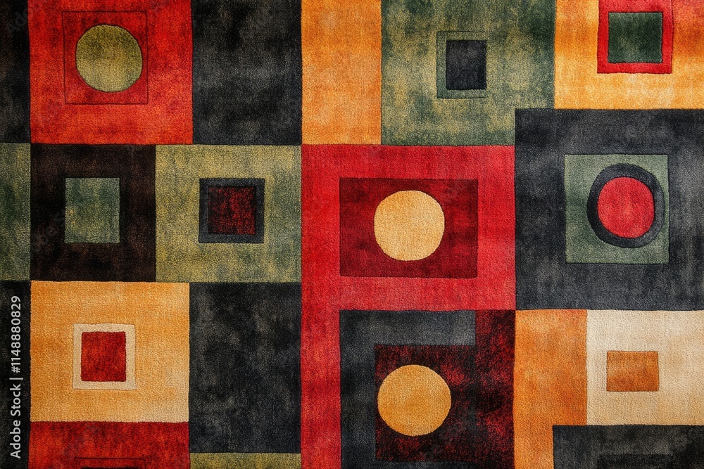 Poster modern carpet with geometric pattern featuring squares and circles in warm colors