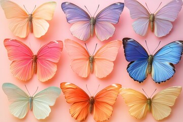 Beautiful colorful butterflies arranged neatly on a pink background, creating a vibrant and captivating image