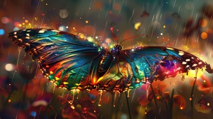 Colorful butterfly surrounded by iridescent rain and rainbow fireflies in digital illustration