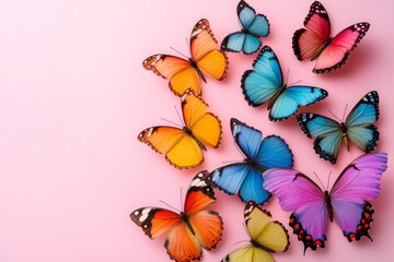 Beautiful colorful butterflies arranged on a pink background creating a vibrant and cheerful scene