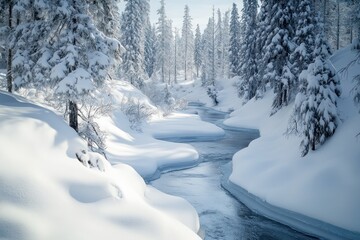 A snow-covered forest with a river frozen solid, captured under the stark beauty of a midwinter day.